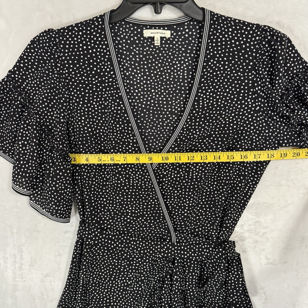 Max Studio True Wrap Dress Size S Black & White Polka Dot Ruffle Sleeve V Neck - Picture 12 of 16